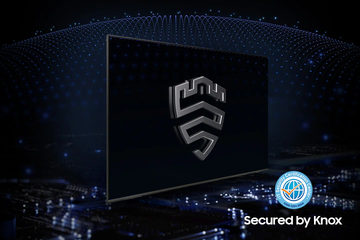 Многоуровневое решение безопасности создает куполообразный корпус позади телевизора, защищенный Knox. На экране изображена эмблема Samsung Knox. Текст Your privacy. Secured. Only on Samsung TV отображается сверху.